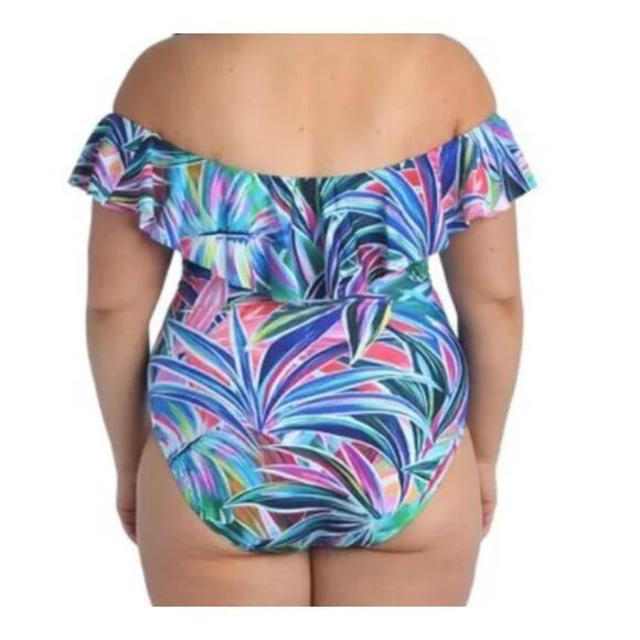 Swim Solutions Tummy Control Blue Palm Blue Purple One Piece Swimsuit Ruffle 16 - Picture 2 of 4